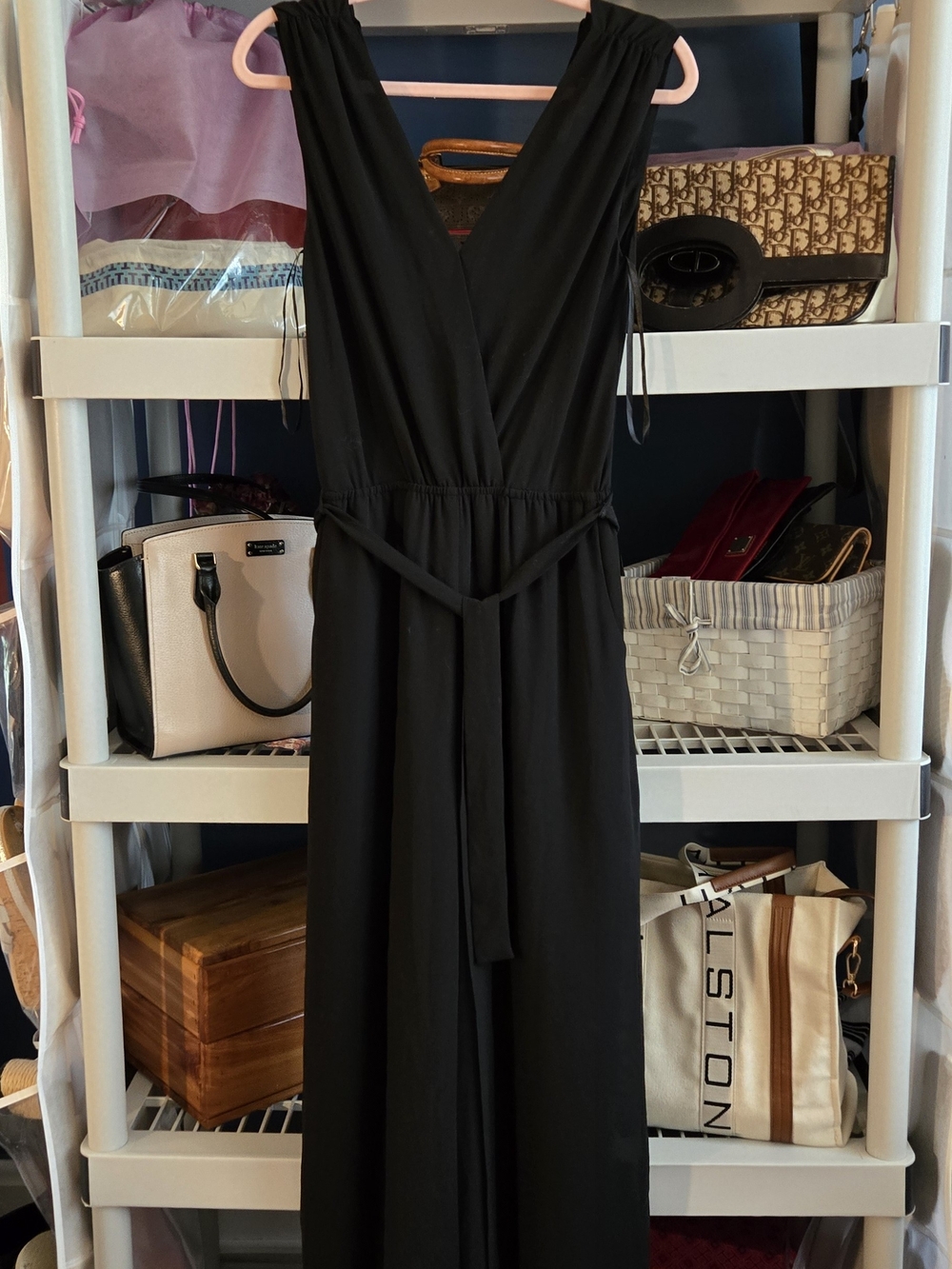 Naked Zebra Black Surplice V-neck Wrap Jumpsuit with Tie Waist